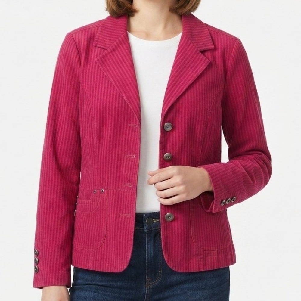Christopher & Banks Blazer Womens Large Pink Cotton Striped Button Up Jacket